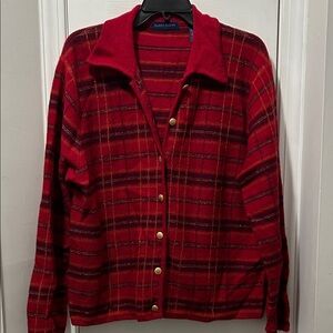 Karen Scott Red wool Plaid Gold-Button Cardigan